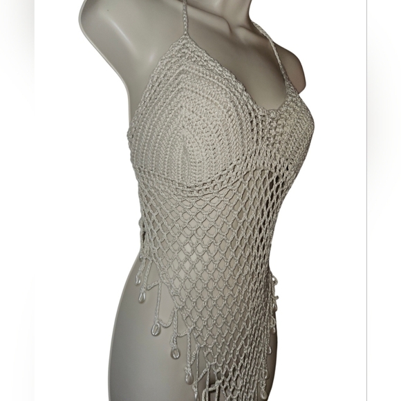 Hand Crafted Tan Crop-Top Fishnet triangular Design Hand Knit Crochet Swim Cover - Picture 5 of 17